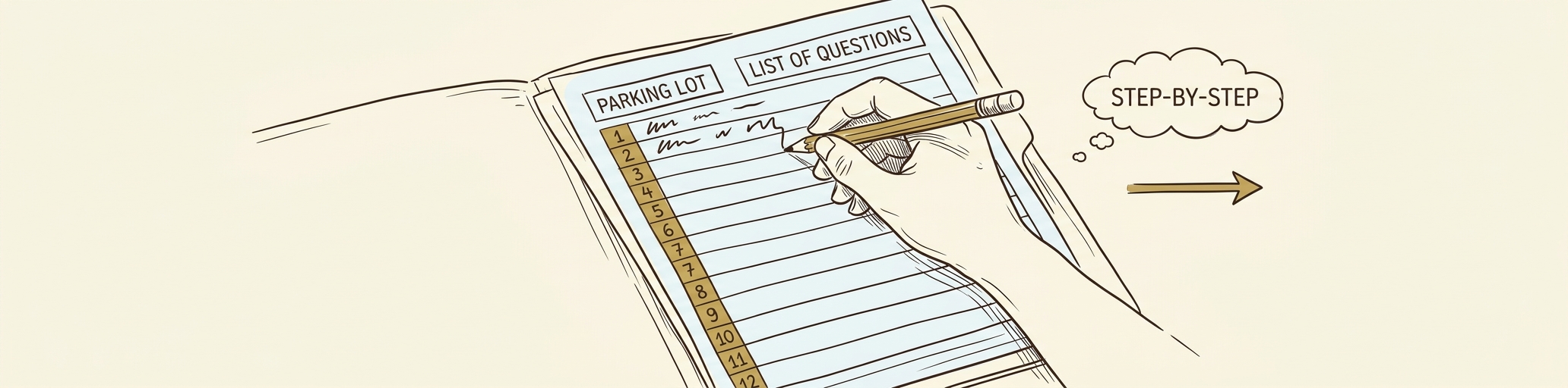 A hand with a pencil mid-stroke, filling in the first row of an open 12-section worksheet template — Parking Lot and List of Questions at the top, sections 1 through 12 stacked down the side — with a 'step-by-step' thought bubble